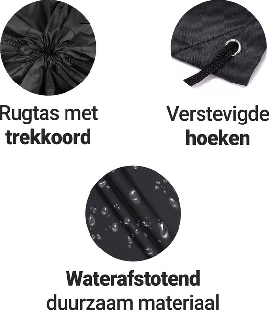 Detailafbeeldingen: sluiting met trekkoord, verstevigde hoeken en waterafstotend materiaal van de zwarte gymtas.