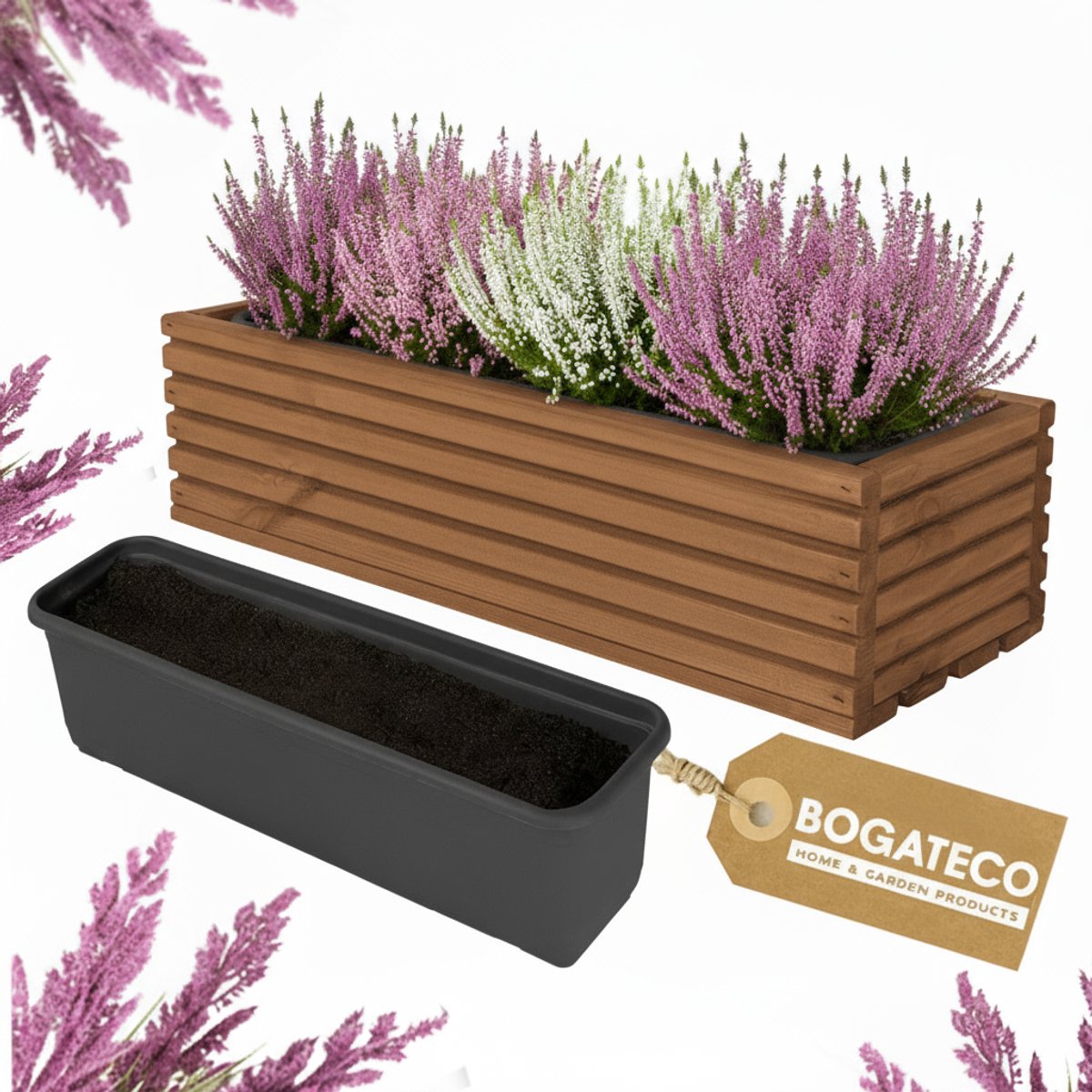 Houten bloembak | Plantenbak | Bloempot 44 x 20 x 14,5 cm | Kruidenpot | Bloempot met kunststof inzetstuk | Waterdicht | Donkerbruin