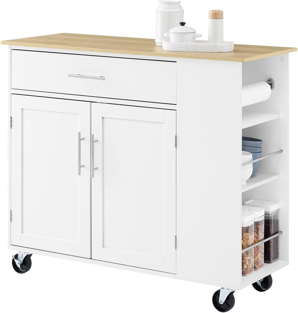 SoBuy Verrijdbaar Keukeneiland - Keuken Trolley - Keukenkast op Wieltjes - voor Eetkamer of Keuken, Wit 99x40x85 cm FKW133-WN
