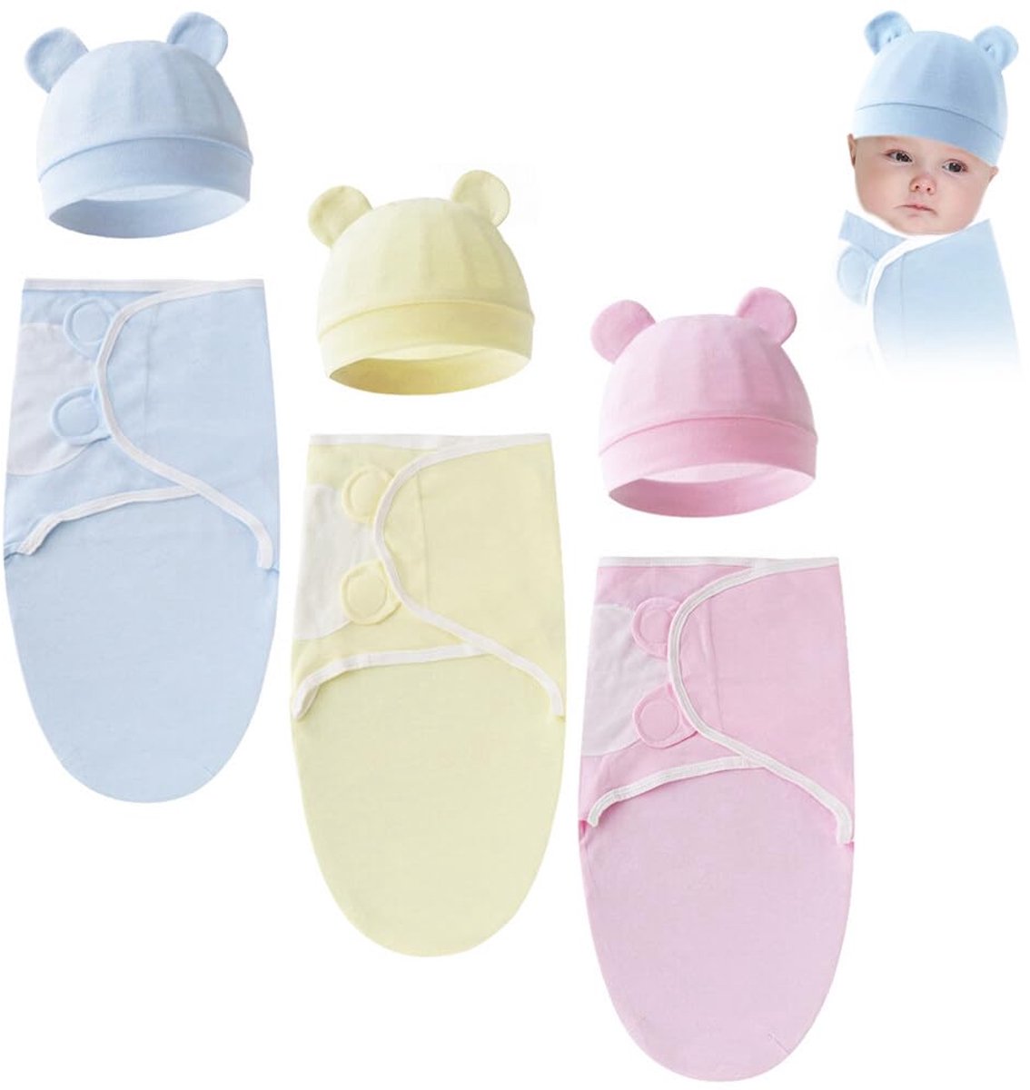 Baby Swaddle 3-Pack - Unisex - Hoofdbescherming - Katoen - Verstelbare Slapende Zak voor Baby's 0-6 Maanden