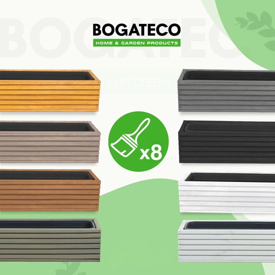 Een raster met acht houten bloembakken in verschillende kleuren: geel, grijs, bruin, groen, zwart en wit.