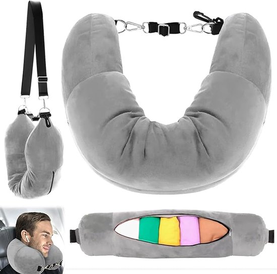 Oreiller de voyage - Oreiller de voyage rechargeable - Oreiller de voyage multifonctionnel en forme de U - Peut être rempli de vêtements - Oreiller cervical rempli de velours - Oreiller d'avion pliable - Perfect pour voyager ou en avion (Gris)