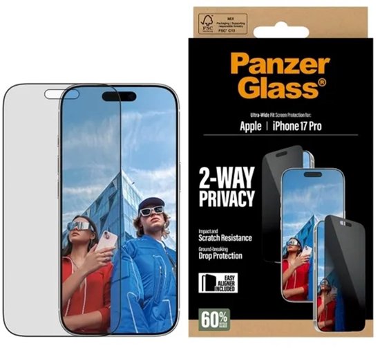 Verpakking van PanzerGlass 2-Way Privacy screenprotector voor iPhone 17 Pro met een heldere en getinte protector.