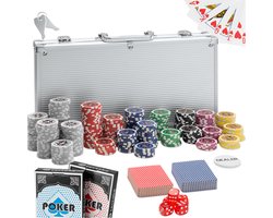 tectake®- Pokerkoffer - Aluminium Pokerset incl. Pokerchips - Inclusief 2 Kaartspellen, 5 Dobbelstenen en 1 Dealerbutton - Zilver - Ideaal voor Pokeravonden en Casinospellen (Set met 300 Poker Chips)