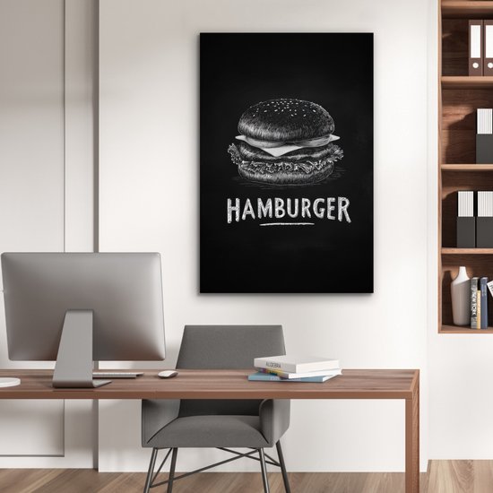 Aluminium schilderij 60x90 cm - Wanddecoratie metaal - Hamburger - Krijttekst - Zwart - Wit - Metalen muurdecoratie woonkamer - Decoratie industrieel - Foto op dibond - Industriële accessoires slaapkamer