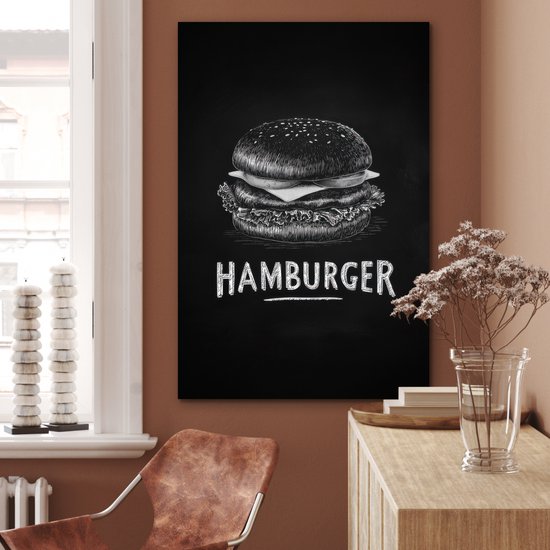 Aluminium schilderij 60x90 cm - Wanddecoratie metaal - Hamburger - Krijttekst - Zwart - Wit - Metalen muurdecoratie woonkamer - Decoratie industrieel - Foto op dibond - Industriële accessoires slaapkamer
