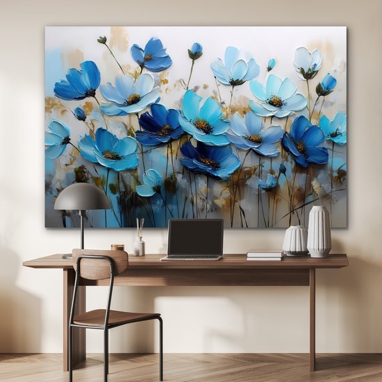 Aluminium schilderij 150x100 cm - Wanddecoratie metaal - Bloemen - Schilderij - Blauw - Metalen muurdecoratie woonkamer - Decoratie industrieel - Foto op dibond - Industriële accessoires slaapkamer