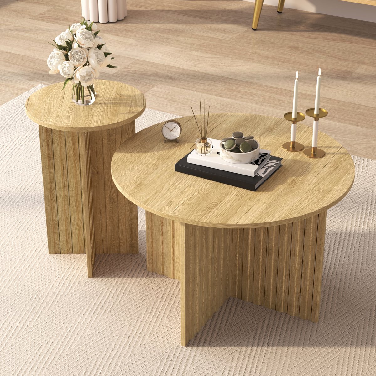 PHOEBE CAT Salontafelset - Set van 2 - Houteffectafwerking - Ronde salontafel - MDF-constructie - Natuurlijke