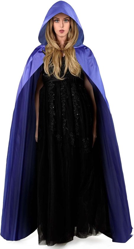 Cape met capuchon - Halloween Zwarte Heks Cape - Gemaakt van zachte, ademende stof - Feest- en Carnavalskostuum - Unisex, 150 cm (Blauw)