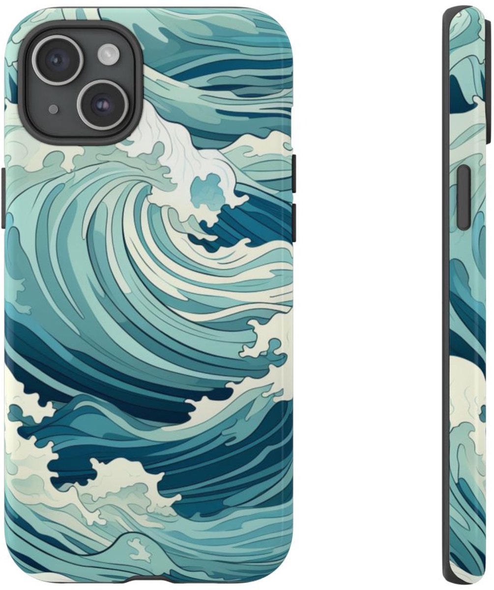 Ocean Wave Patroon – Glanzend Stevig Telefoonhoesje Geschikt voor iPhone 15 Plus