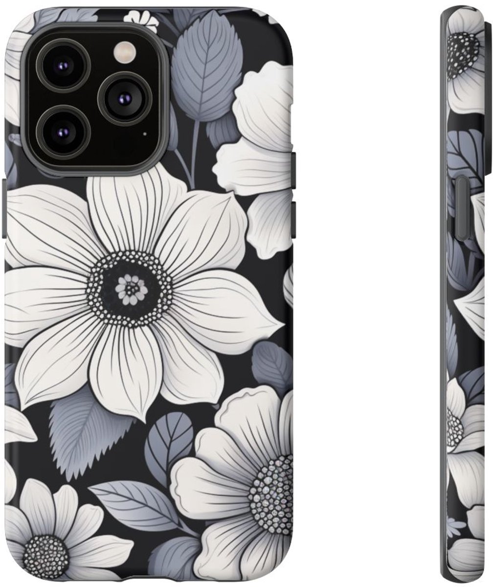 Zwart-Wit Bloemenpatroon – Telefoonhoesje Geschikt voor iPhone 14 Pro Max