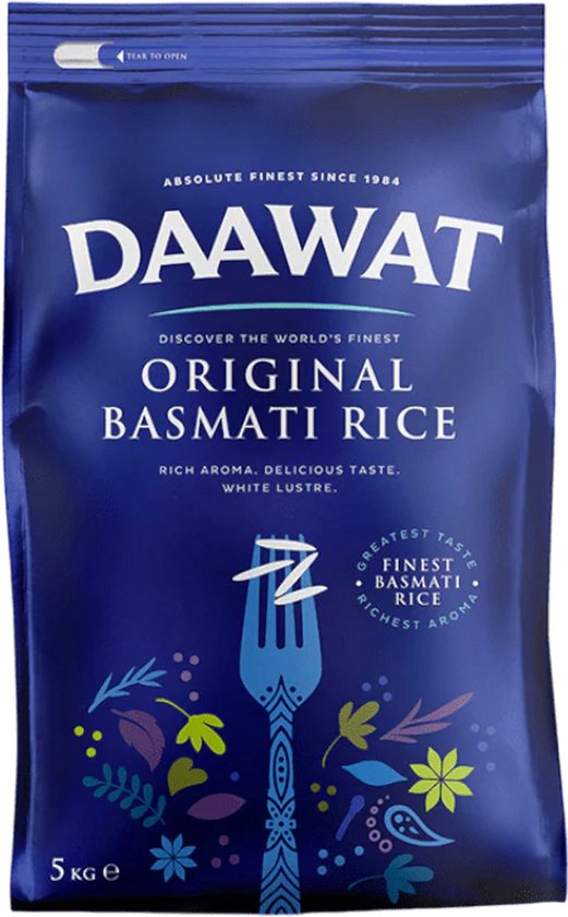 Daawat Original Basmati Rijst 5kg - Premium Langkorrelige Aromatische Rijst, Authentiek uit India | Voor Biryani, Pulao & Dagelijks Gebruik | Veganistisch & Glutenvrij met Kajal Sticker