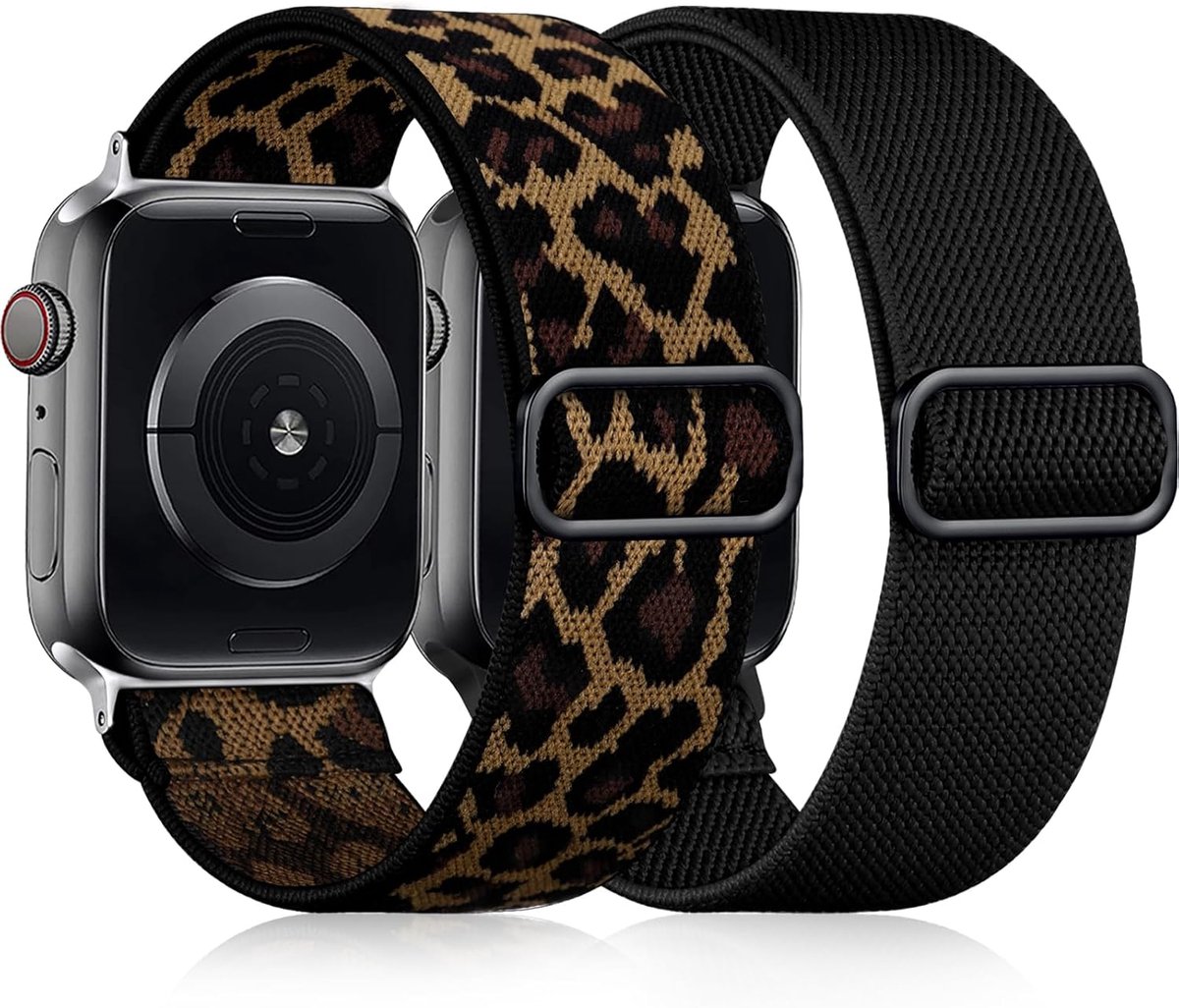 Elastic Geschikt voor Apple Watch band 42-44-45-49MM, verstelbare zachte nylon band Geschikt voor iWatch Series 10 9 8 7 6 5 4 3 2 1 SE Ultra Female Male, Black-Leopard