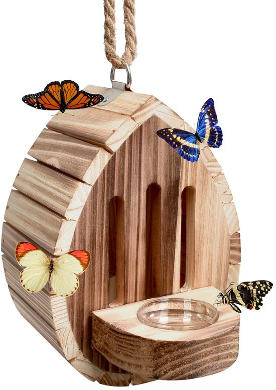 Houten vlinderhuis, tuinvlinderhabitat met voederbak, vlinderset, hangende tuindecoratie voor vlinders, kevers, motten en lieveheersbeestjes