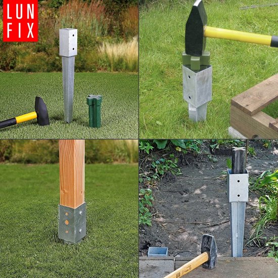 Montage de quatre images montrant le support de poteau LUN FIX, installé avec un marteau, avec des poteaux en bois sur l'herbe et la terre.