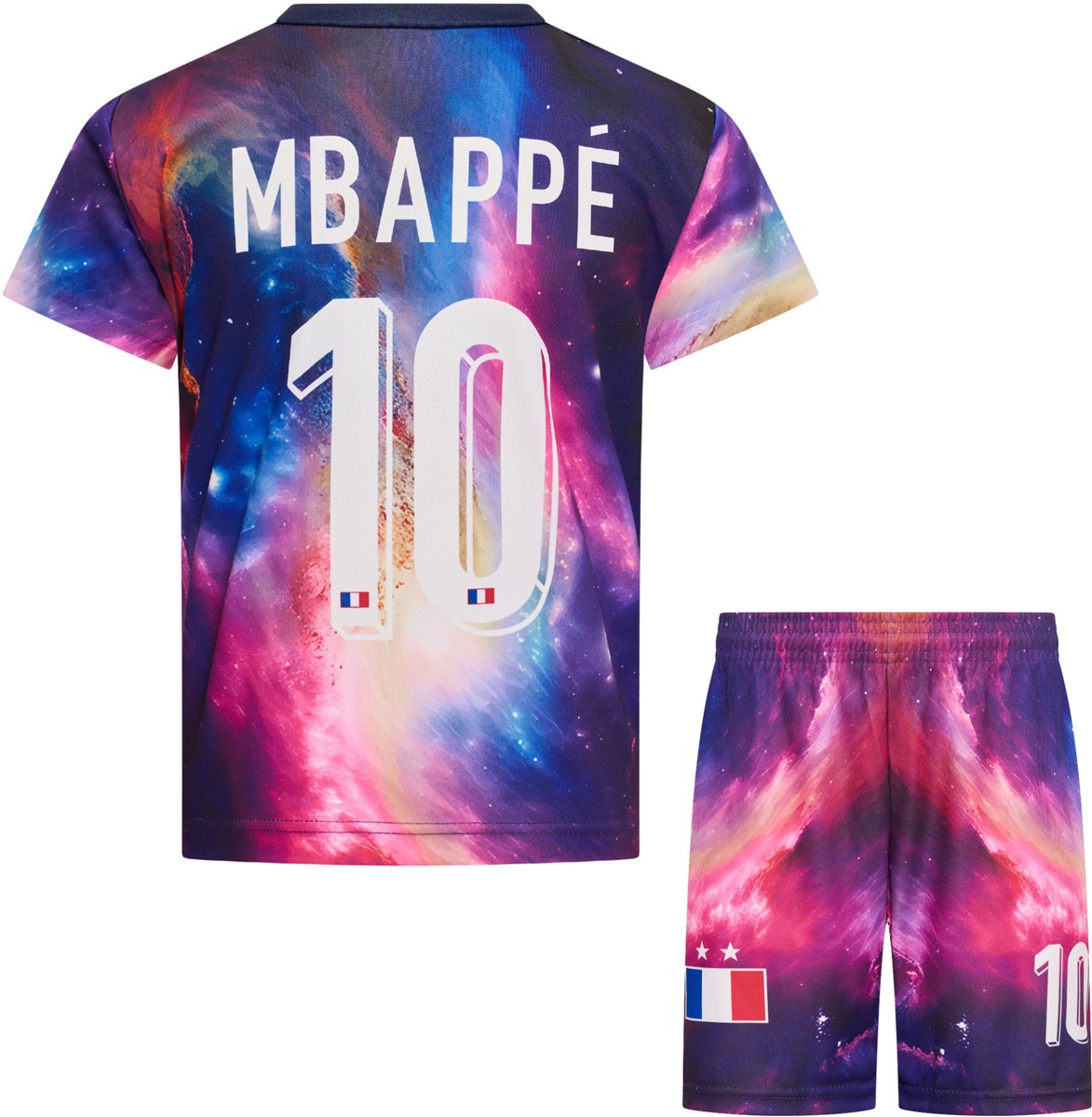 Mbappe Voetbaltenue Kinderen en Volwassenen Galaxy Design Frankrijk - Voetbalshirt en Broekje - Maat 128