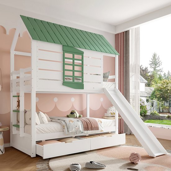 Grenen stapelbed met valbeveiliging ladder glijbaan - 90x200cm - Wit
