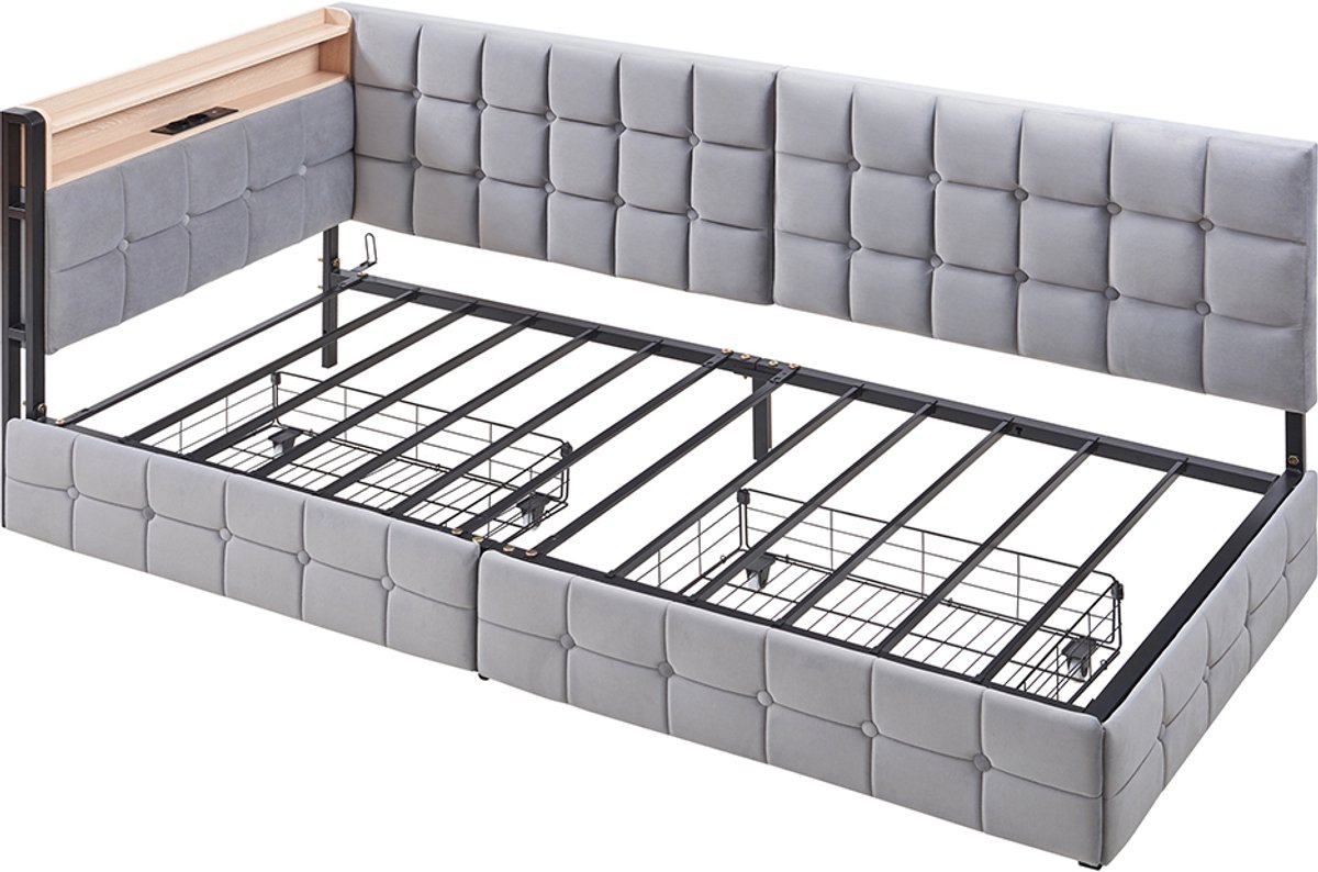 Komhtom 90 X 200 Gestoffeerde slaapbank, gestoffeerd bed met 2 lades en LED-nachtlampje, USB- en Type-C-aansluiting, multifunctioneel bootbed voor kinderen, grijze eenpersoons slaapbank