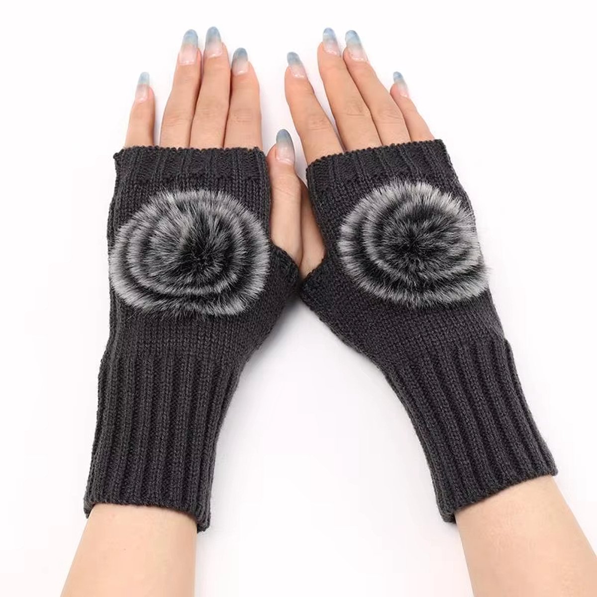 Vingerloze Gebreide Dames Handschoenen – Warme Polswarmers met Nepbont Pompon voor Herfst & Winter, Handgemaakt in Effen Kleur