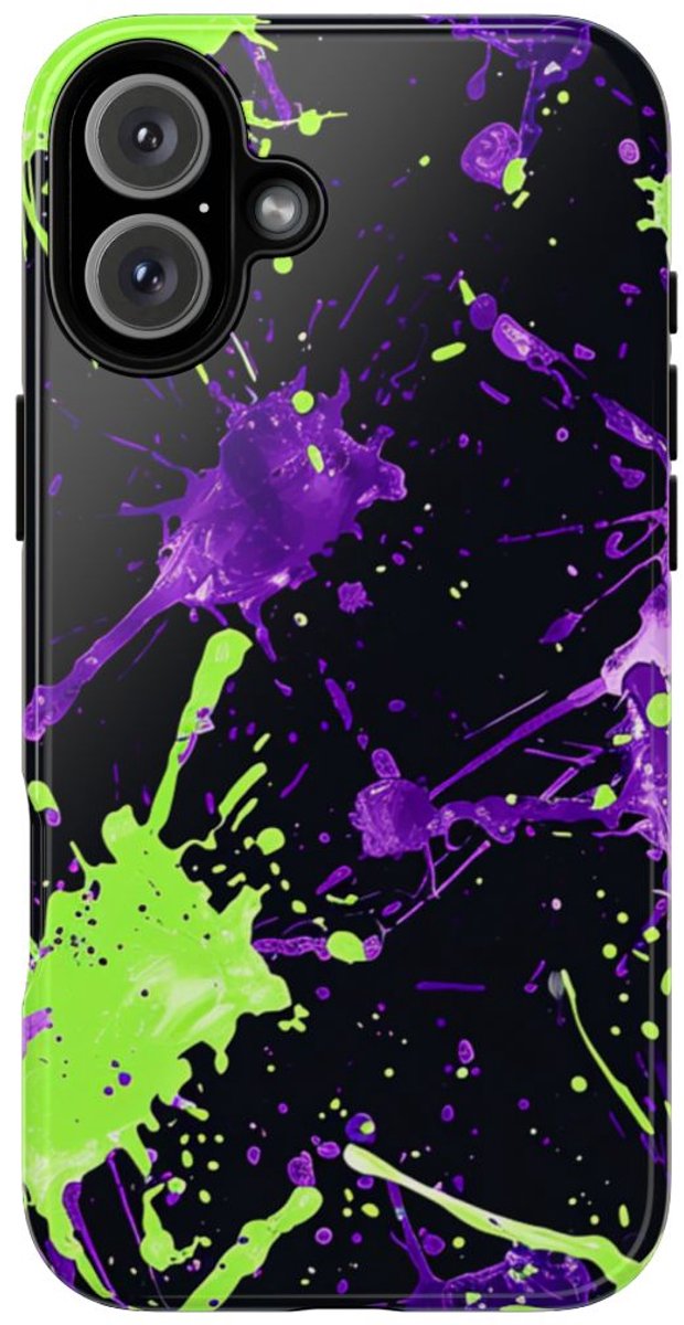 Groene en Paarse Verfspatten Patroon – Telefoonhoesje Geschikt voor iPhone 16 Plus