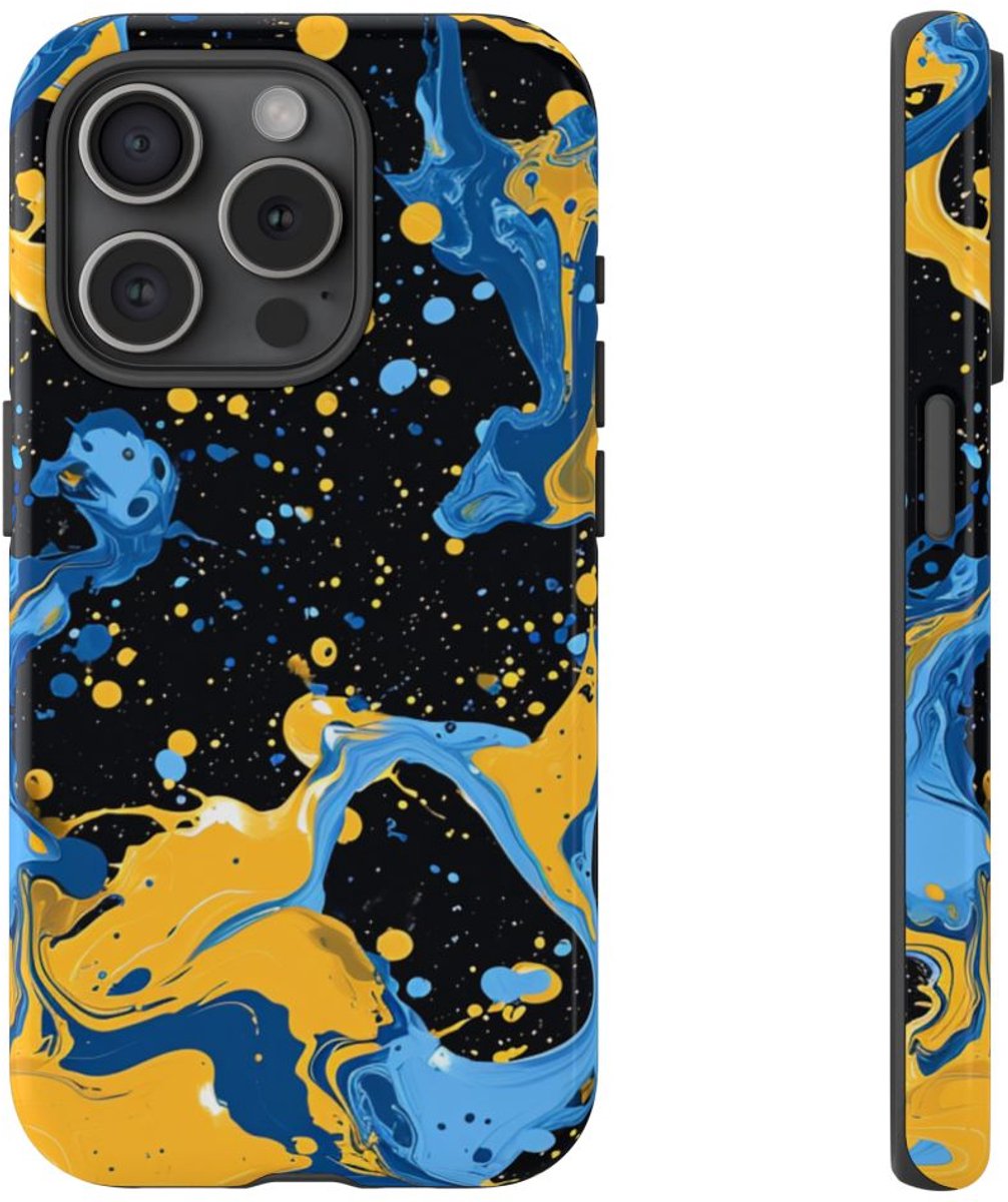 Blauwe en Gele Verfspatten Abstract – Telefoonhoesje Geschikt voor iPhone 15 Pro