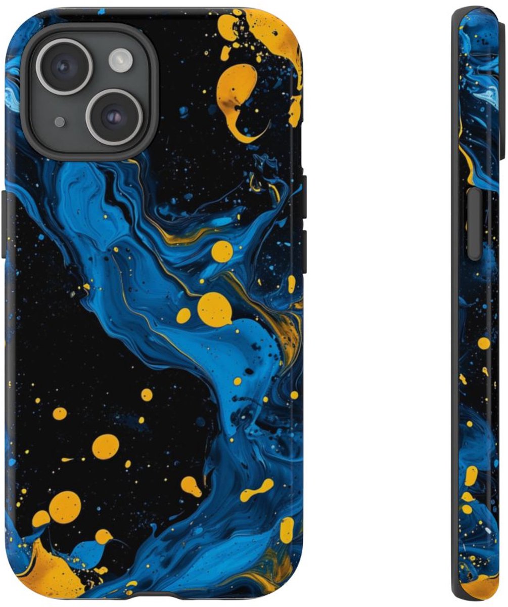 Blauwe en Gele Verfspatten Abstract – Telefoonhoesje Geschikt voor iPhone 15