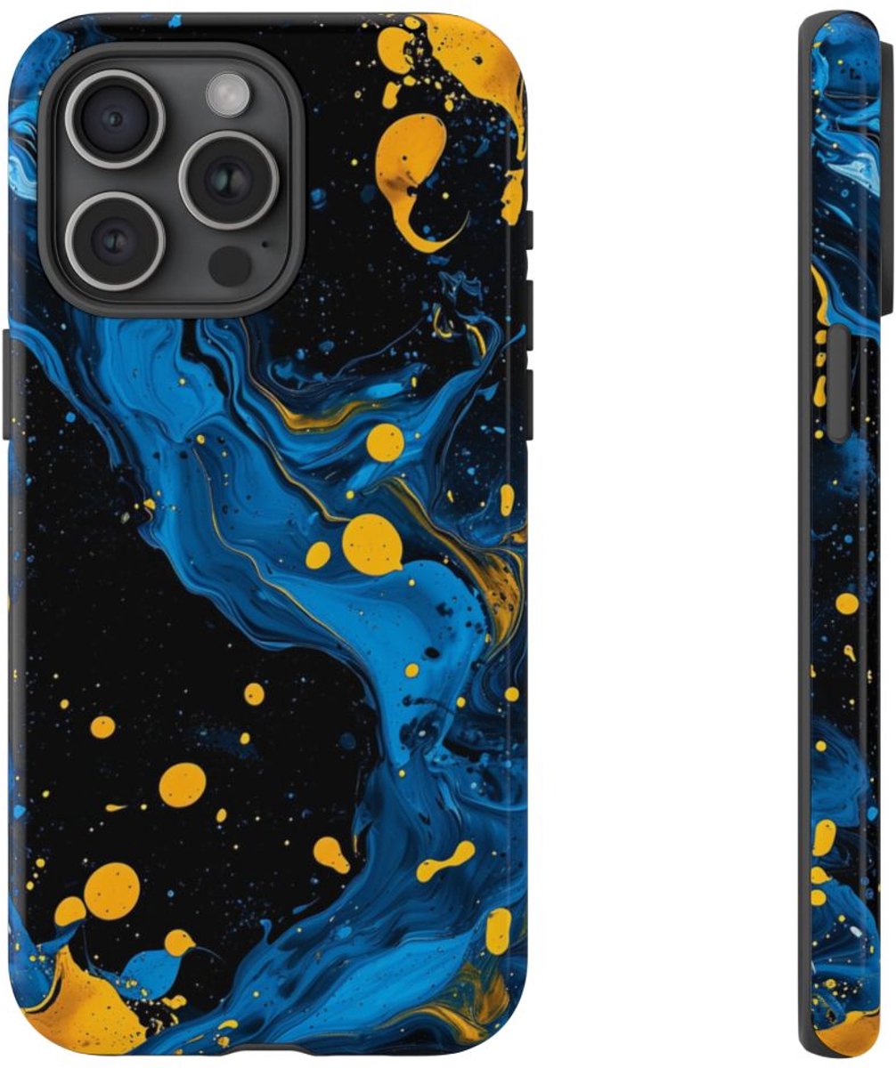 Blauwe en Gele Verfspatten Abstract – Telefoonhoesje Geschikt voor iPhone 15 Pro Max