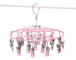 Droogrek voor kleding en sokken van roestvrij staal met 24 clips, draaibare haak en winddichte hanger voor sokken, bh's, handdoeken, ondergoed, wasgoed, hoeden, sjaals, broeken en handschoenen (roze clips)