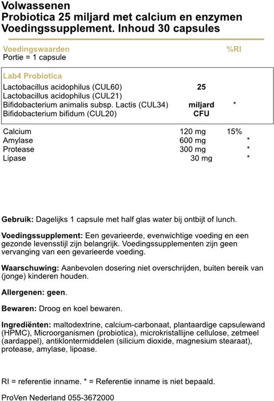 ProVen Probiotica 25 miljard met calcium en enzymen, 30 capsules.