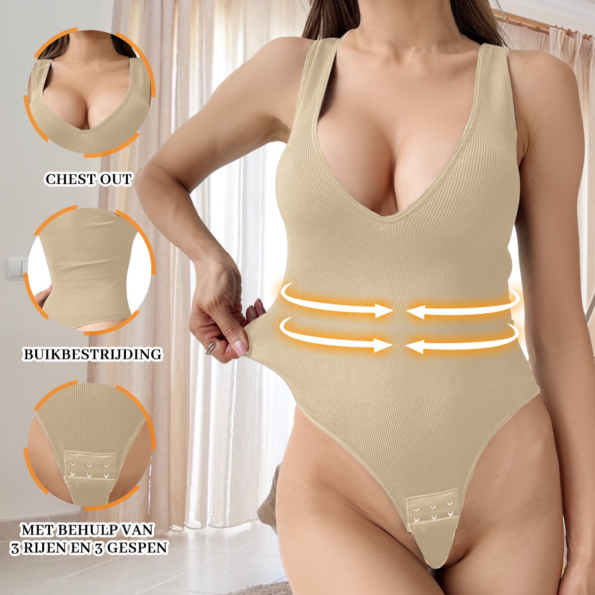 VIMOSE Corrigerende Body dames-corrigerende bodysuit-onzichtbare body-Shapewear-Bodysuit Dames-Bodyshaper Correctie voor Full Body-Bodysuit zonder beugel-Corrigerende slip-Dames slips-Shapewear met diepe V-hals-Beige-S