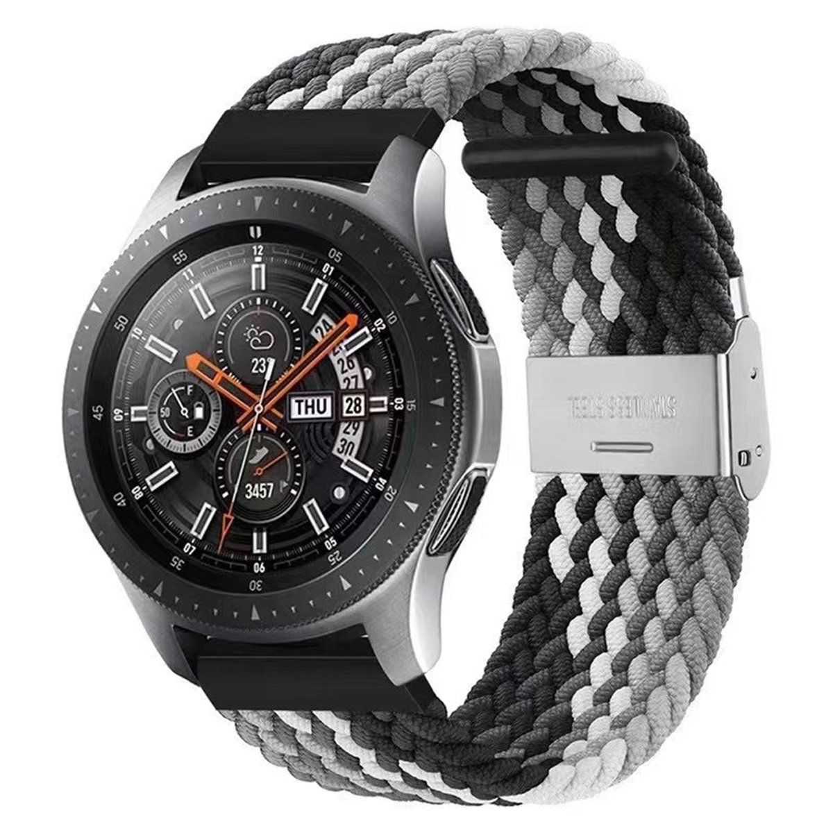 Qelus Grijze en Witte 22mm Gebreide Nylon Elastische Horlogeband met RVS Gesp - Verstelbare Lengte - Vervangende Band voor Horloges en Smartwatches - Sportief, Zachte en Ademende - Voor Mannen en Vrouwen