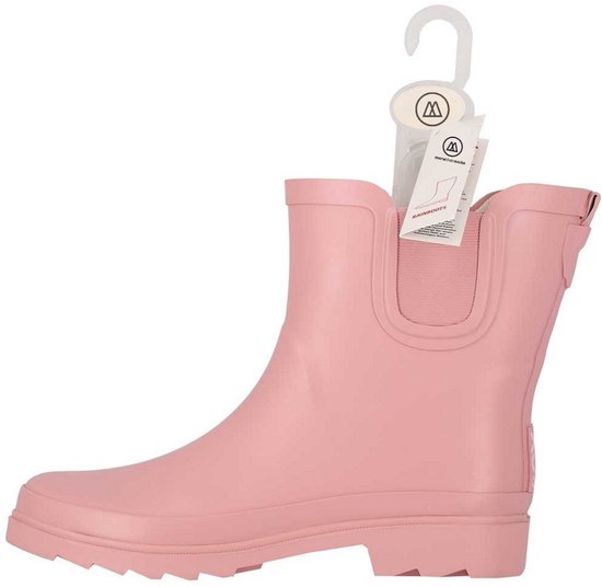 Lichtroze korte regenlaars met elastische zijkanten, gespdetail aan de achterkant, merklabel en profielzool.