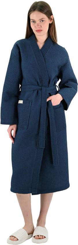 L&G - Unisex Sauna Badjas - 100% Katoen Wafel Badjas - XXL - Navy - Katoen wafel - Kimono - Wafel Badjas dames - Wafel Badjas heren - Badjas dames en heren - XXL