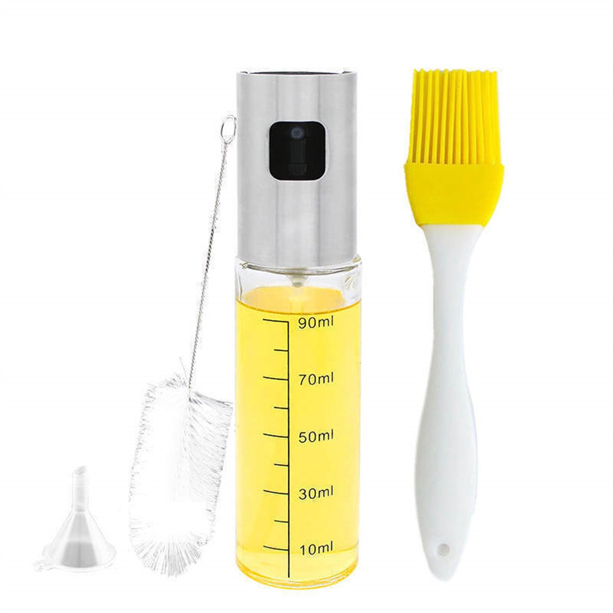 Ynkkvre-Ölsprüher Set – 4-in-1 Keuken Kit met Bastingborstel, Reinigingsborstel & Trechter – RVS & BPA-vrij Glas voor Koken, Grillen en Salades