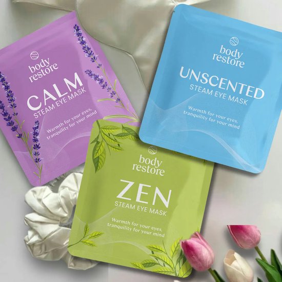 Body Restore stoom oogmaskers 'Calm' met lavendel, 'Unscented' blauw en 'Zen' met bladeren. Zachte textuur op satijn.