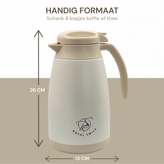 Royal Swiss - Thermos 1,5L - Verseuse isotherme - Acier inoxydable - Beige - Café - Water - Pour boissons chaudes et froides