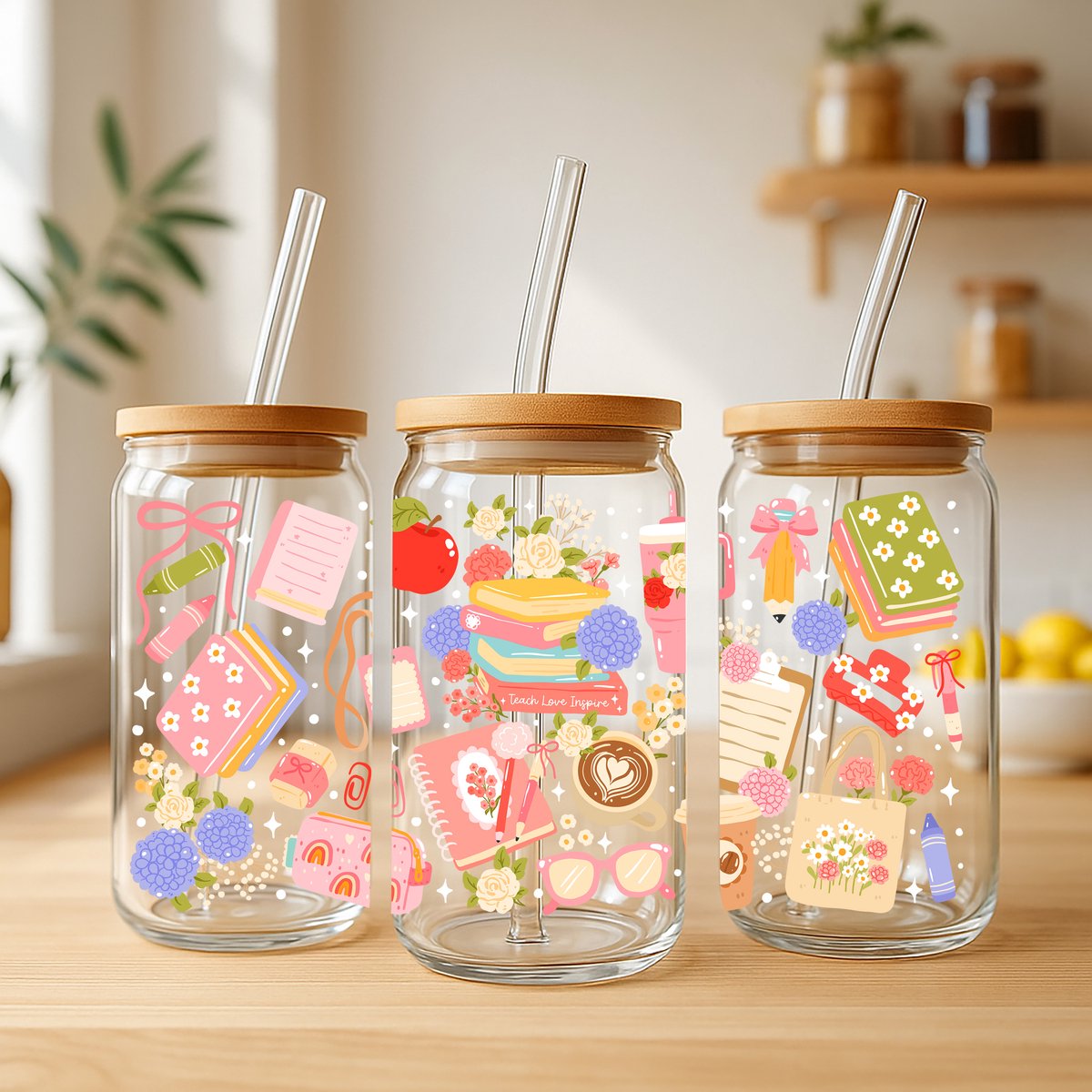 ASERON Drinkglas, glazen beker geribbeld, 600 ml, deksel en glazen rietje, met bekermouwen, dikwandige, robuuste smoothiebeker, luchtdicht waterdicht ontwerp, cocktailkoffie, alle dranken roze (roze