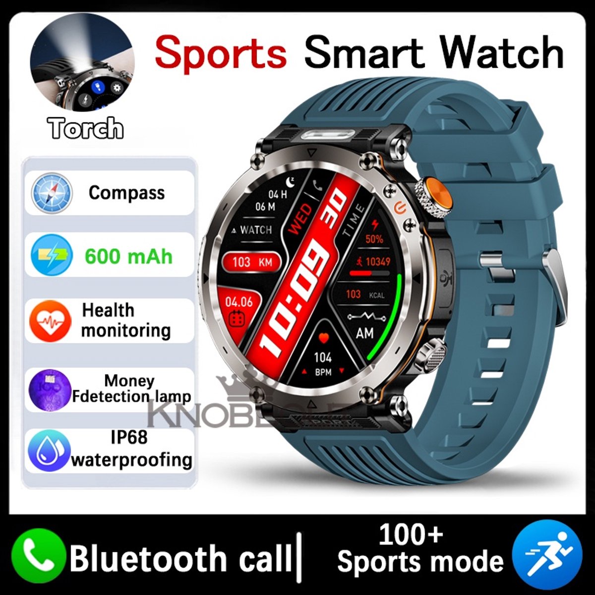 Knobbout 1.7" Scherm Outdoor Smartwatch – Digitale Kompas - LED & UV Licht -600mAh batterij - Bluetooth Bellen- IP68 Waterdicht -AI Spraakassistent - Gezondheid & Sportfuncties -Blauw Siliconen Band
