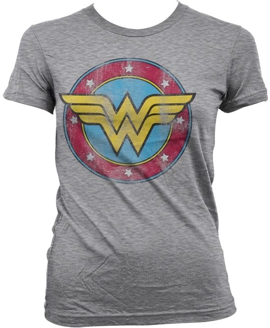 Grijs T-shirt met distressed Wonder Woman logo, met ronde rode en blauwe cirkel en witte sterren.