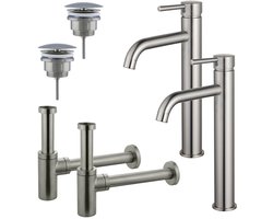FugaFlow Eccelente Sobrado Badkamer Wastafelkraanset - voor dubbele wastafel - verhoogde wastafelkraan - always open plug - design sifon - PVD Geborsteld RVS