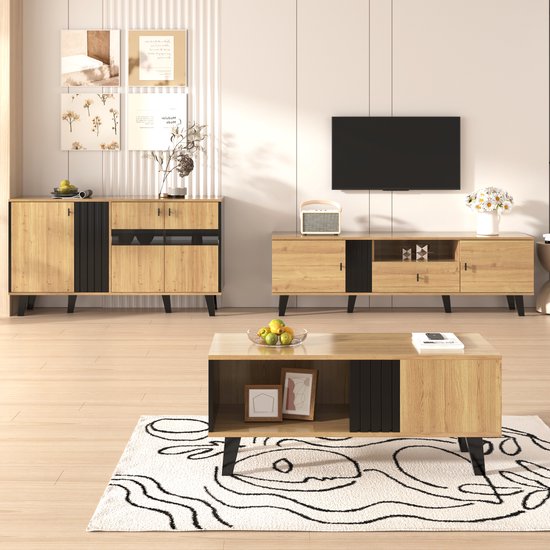 Re-purelife® Modern Woonkamer Meubel Set 3-Delig met veel Opbergruimte - Salontafel 100x60x45 cm, TV Meubel 170x40x50,5 cm & Sideboard met LED Verlichting 140x41x78,5 cm - Zwart Eiken - Stijlvol & Stevig