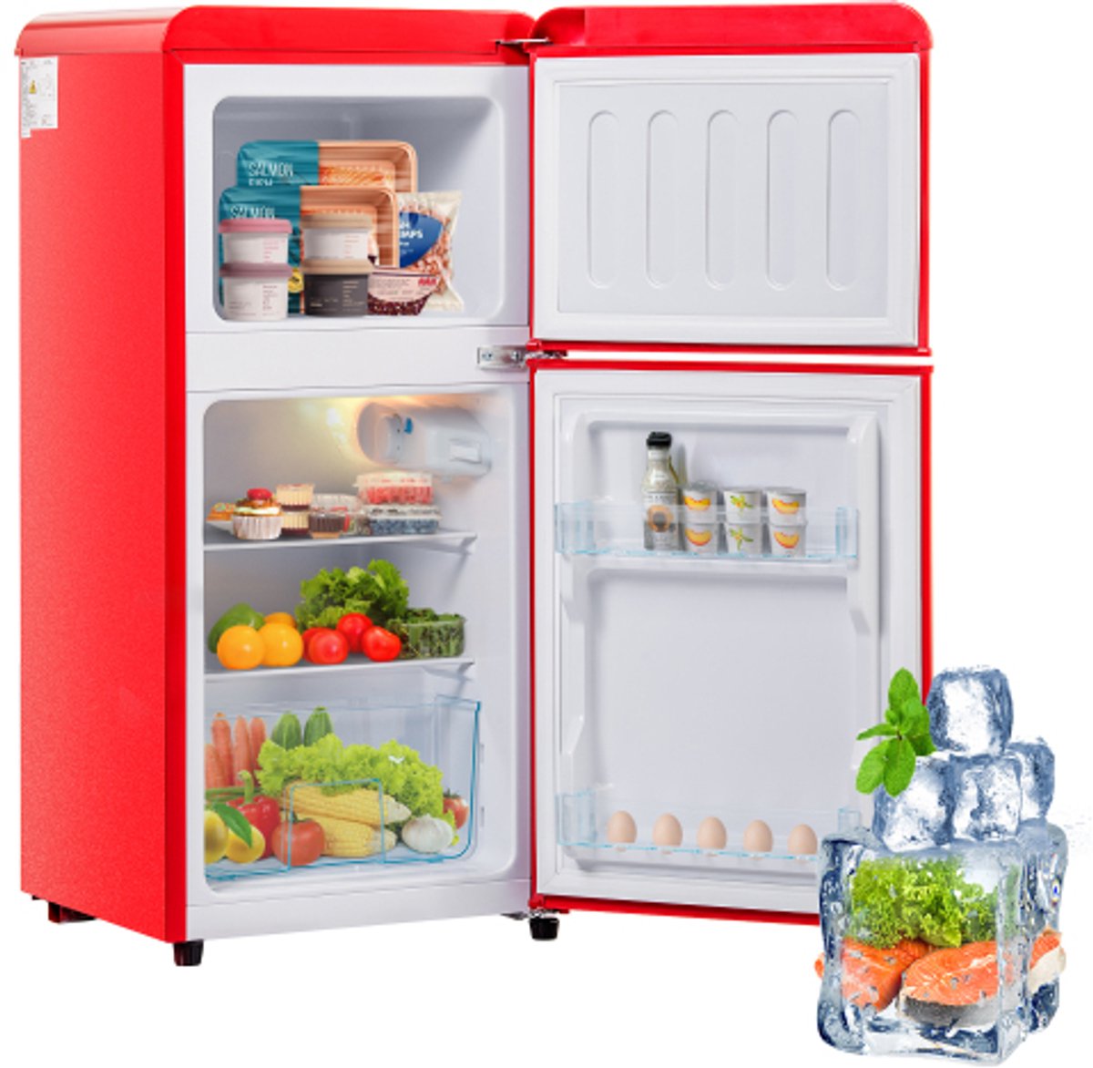 Retro koelkast. Vriescombinatie. 88,8 cm hoog, 45,5 cm breed, tweedeurs, met een totaal volume van 60 liter, een vriescapaciteit van 22 liter. 102 kWh/jaar, -27 °C ∽ 13 °C, ledverlichting. Premium rood, energieklasse E.