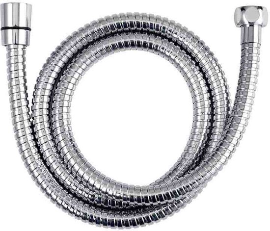 Zilverkleurige metalen doucheslang, 100 cm lang, met flexibele, geribbelde buis en verchroomde uiteinden.