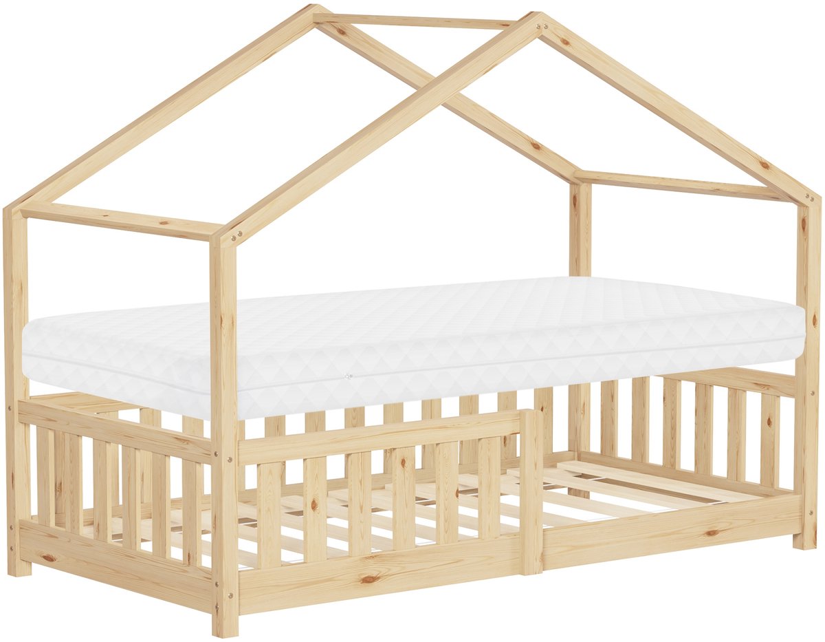 ml-design kinderbed huis 80x160 cm naturel met matras houten bed met valbeveiliging lattenbodem en dak speelbed van grenenhout voor kinderen Montessori vloerbed juniorbed bedframe speels bedhuis meisjes en jongens kinderkamer massief hout