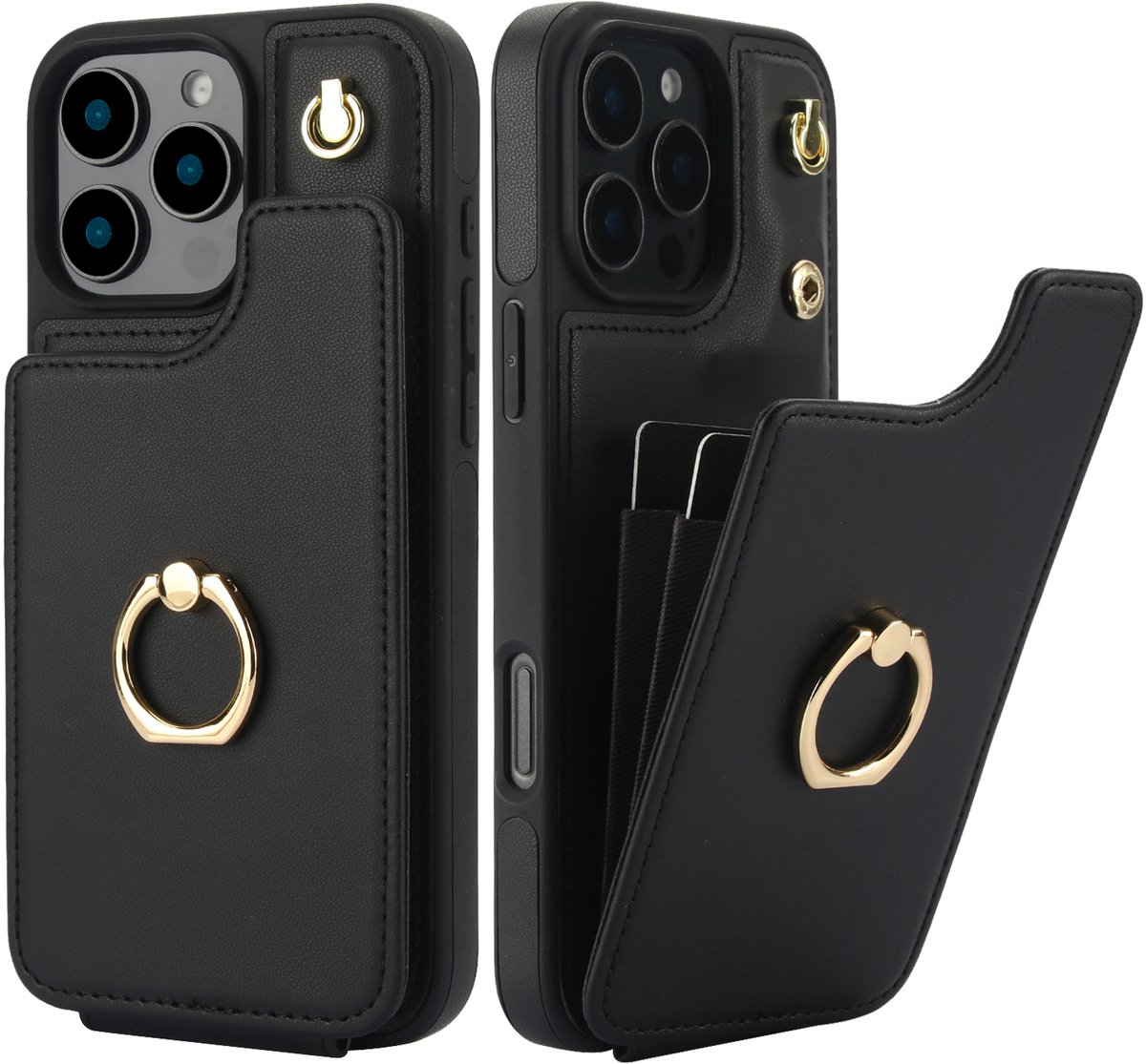 Luxe Hoesje met Portemonnee & Ringhouder – Geschikt voor Apple iPhone 15 Pro – Zwart