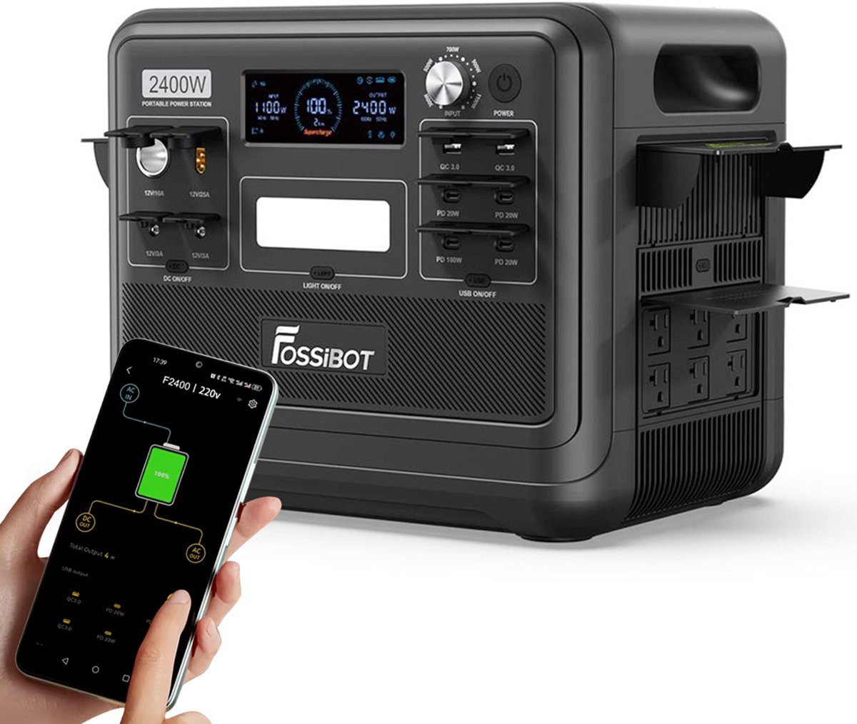 FOSSiBOT F2400 draagbare energiecentrale, 2048Wh/640000mAh LiFePO4 batterij, 2400W (4600W piek) zonnegenerator, Slimme app Energiebeheer,3xAC RV auto USB Type-C QC3.0 PD DC5521 zuivere sinusgolf volledige verkooppunten, 1,5 uur snel opladen - Zwart