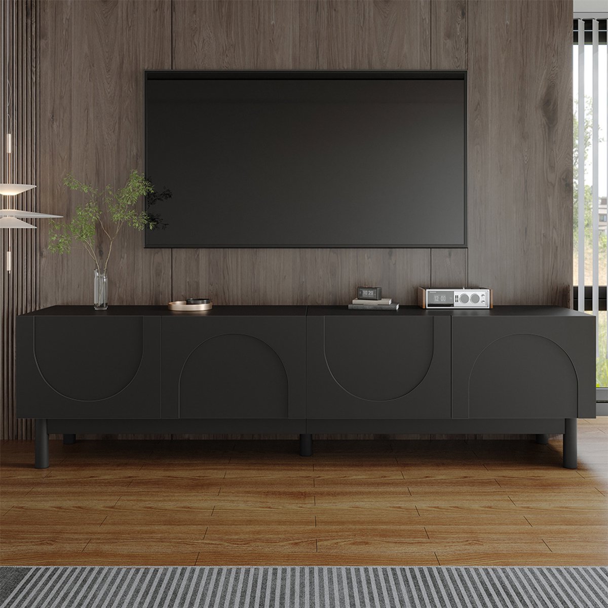 YEHTOKHOME TV meubel TV-kast 169x34x45,5cm - Lowboard met golvende gebogen deuren - Massief houten poten - Mat zwart