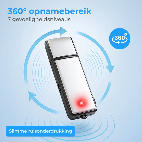 Zilverkleurige usb-stick met rode led-indicator, 360° opnamebereik en slimme ruisonderdrukking.