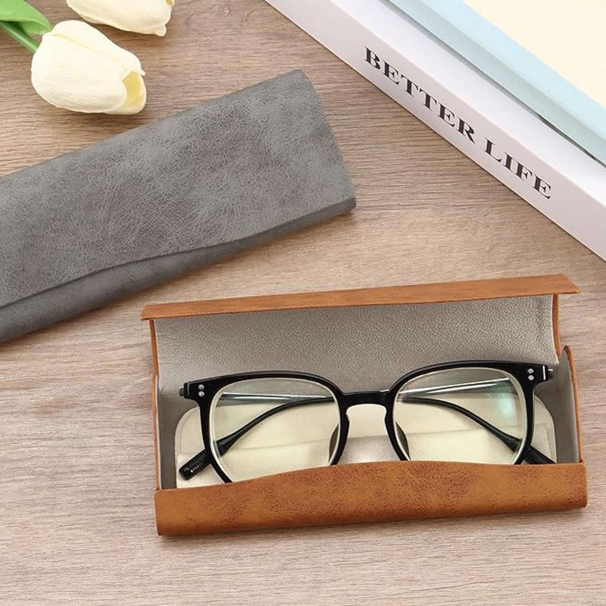 2 stuks kunstleren harde brillen met draagbare etui, harde brillen met magnetische sluiting voor dames en heren, lezen in de zon