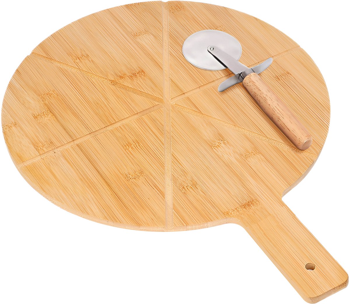 Cheffinger, Bamboe Pizzaplaat met Houten Roestvrijstalen Pizzasnijder Nauwkeurig Snijden, Lichtbruin